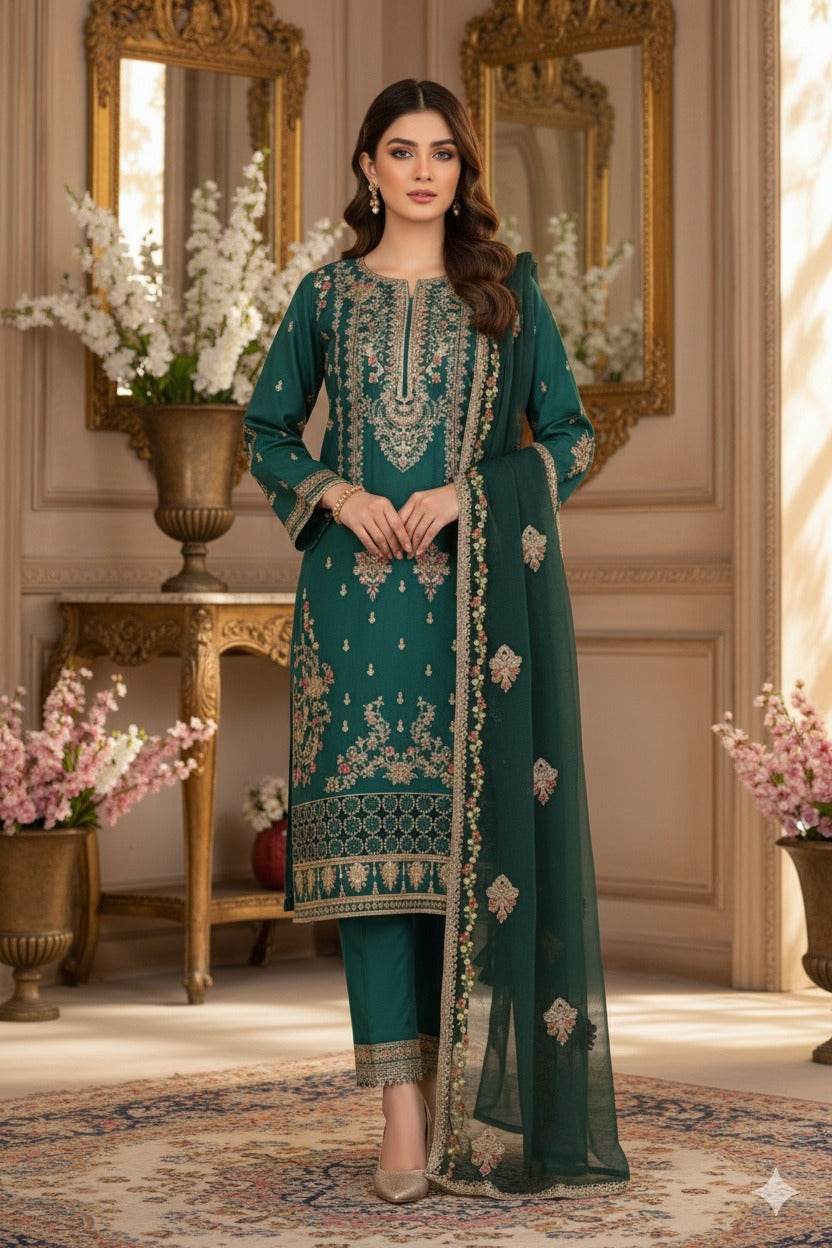 Ready to wear dark green 03-piece lawn embroidered suit with shirt, trouser, and net dupatta